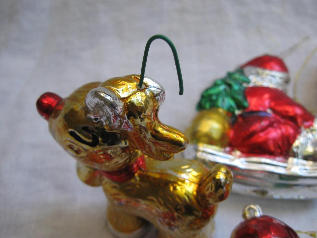 6 Vintage Red Silver Gold Painted Santa Rudolph Hard Plastic Christmas Ornaments
