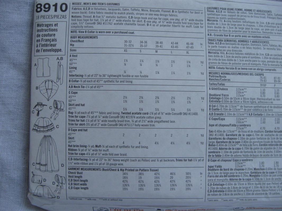 New OOP Dickens Carolers Costume Simplicity 8910 Sewing Pattern XS-XL 4851 5418