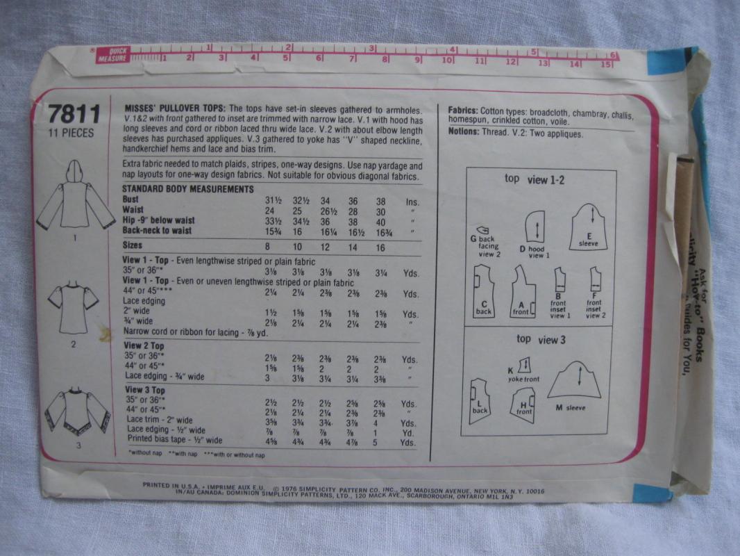 New Vintage Simplicity 7811 Handerchief Hem Blouse Hood Sewing Pattern Miss 8 Hippieing Pattern XS-XL 4851 5418 8910