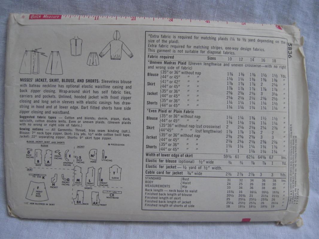 New Vintage Simplicity 5836 Wrap Skirt Short Pullover Shirt Sewing Pattern Miss 10 1960's