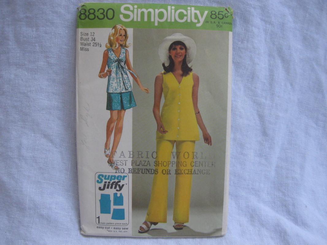 New Vintage Simplicity 8830 Super Jiffy Mini Skirt, Overblouse & Pants Sewing Pattern Misses' 12 1970