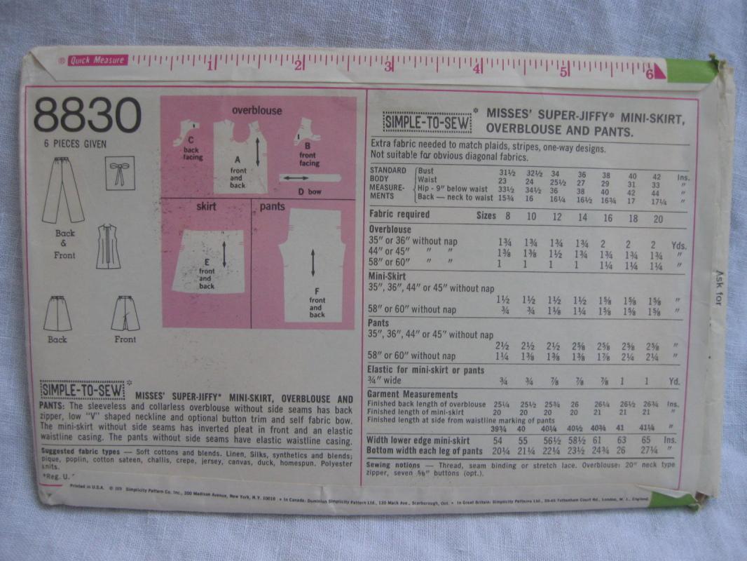 New Vintage Simplicity 8830 Super Jiffy Mini Skirt, Overblouse & Pants Sewing Pattern Misses' 12 1970