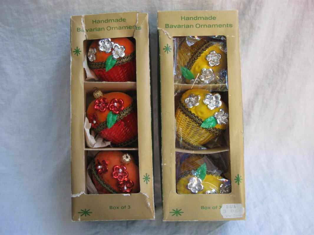 6 Vintage Orange & Lemon Yellow Christmas Fruit Basket Ornaments In Orignal Boxes