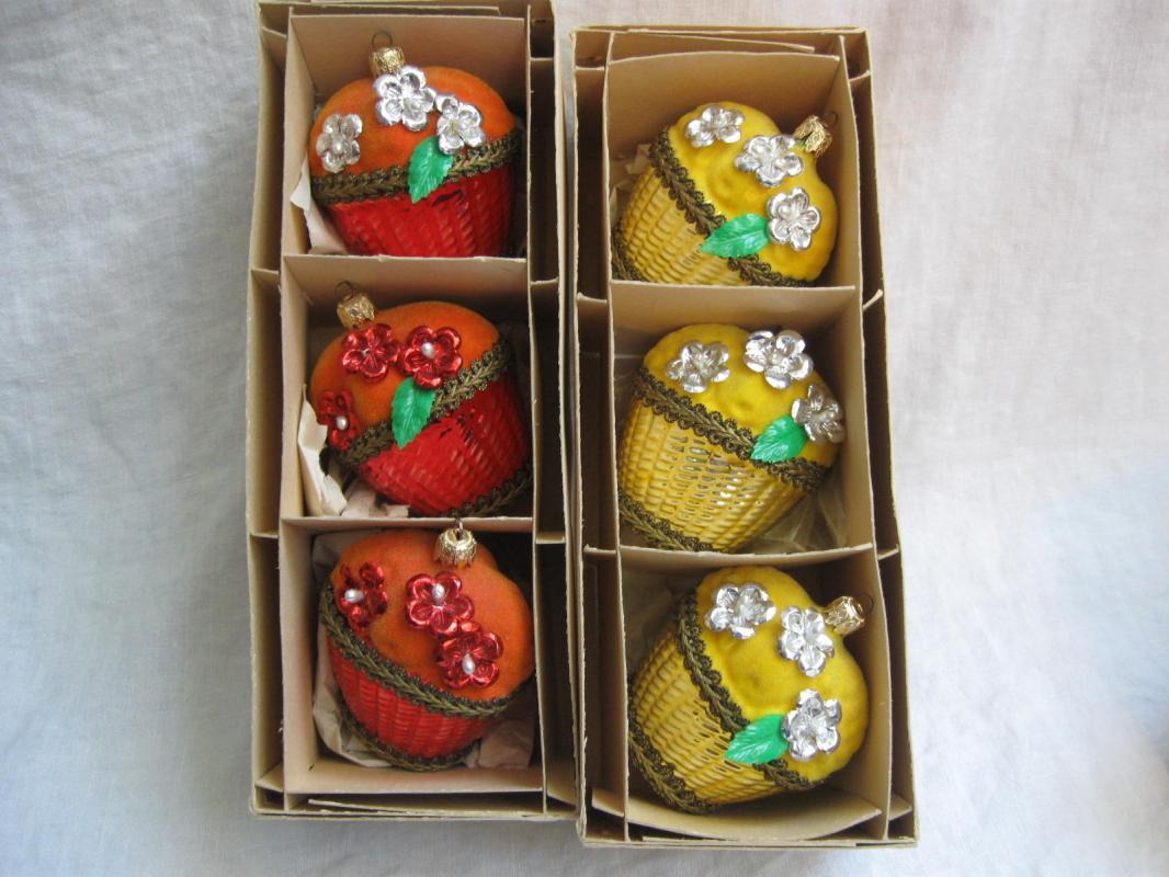 6 Vintage Orange & Lemon Yellow Christmas Fruit Basket Ornaments In Orignal Boxes