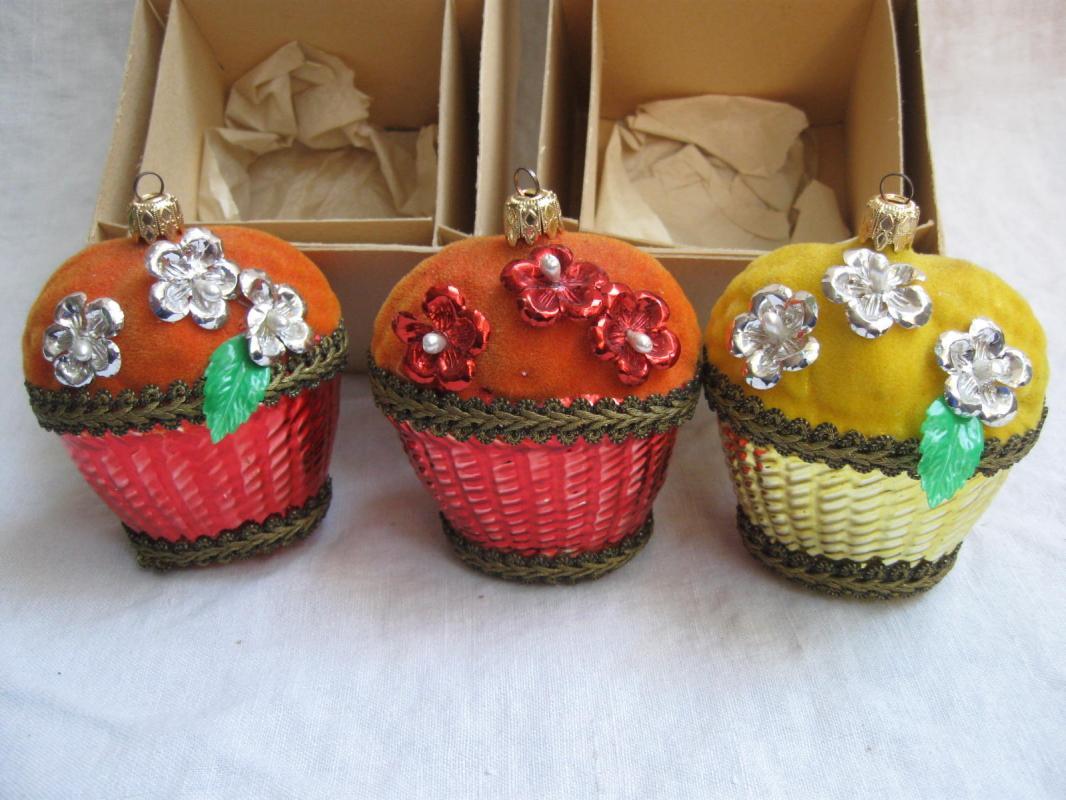 6 Vintage Orange & Lemon Yellow Christmas Fruit Basket Ornaments In Orignal Boxes