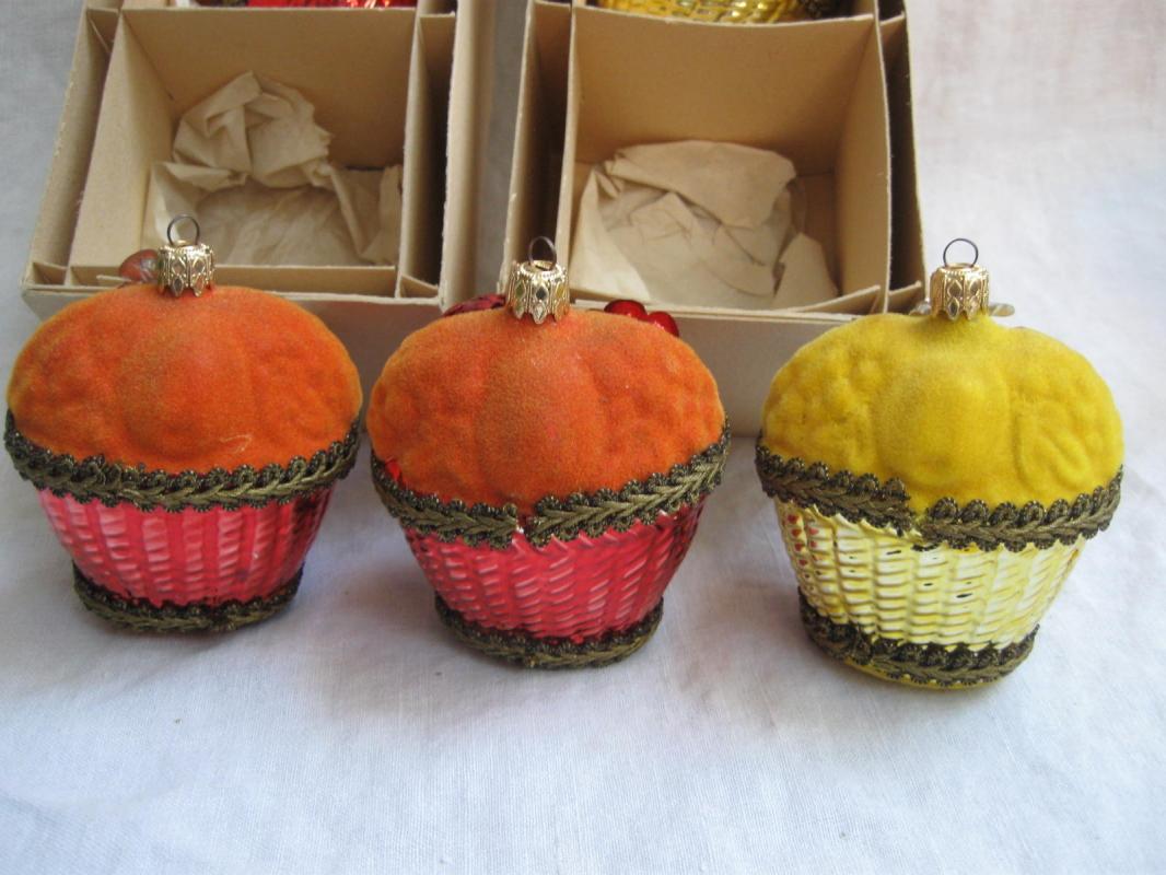 6 Vintage Orange & Lemon Yellow Christmas Fruit Basket Ornaments In Orignal Boxes