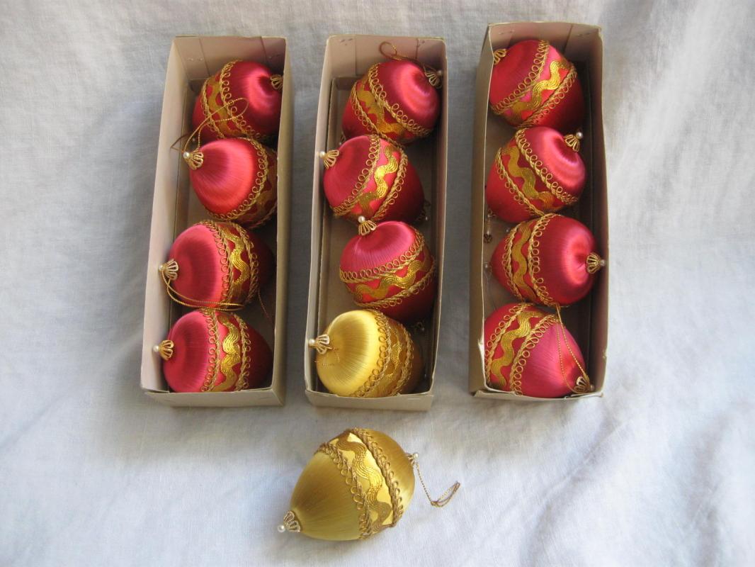 13 Vintage Pink & Gold Satin Teardrop Christmas Ornaments