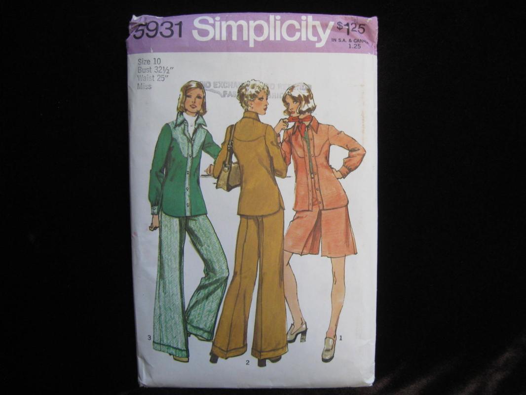 New Vintage Simplicity 5931 Misses Shirt Jaciket Short Pantskirt & Pants Sewing Pattern Misses'Size 10 1970's