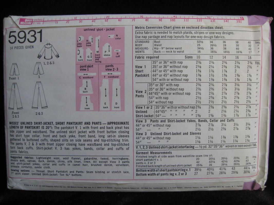 New Vintage Simplicity 5931 Misses Shirt Jaciket Short Pantskirt & Pants Sewing Pattern Misses'Size 10 1970's