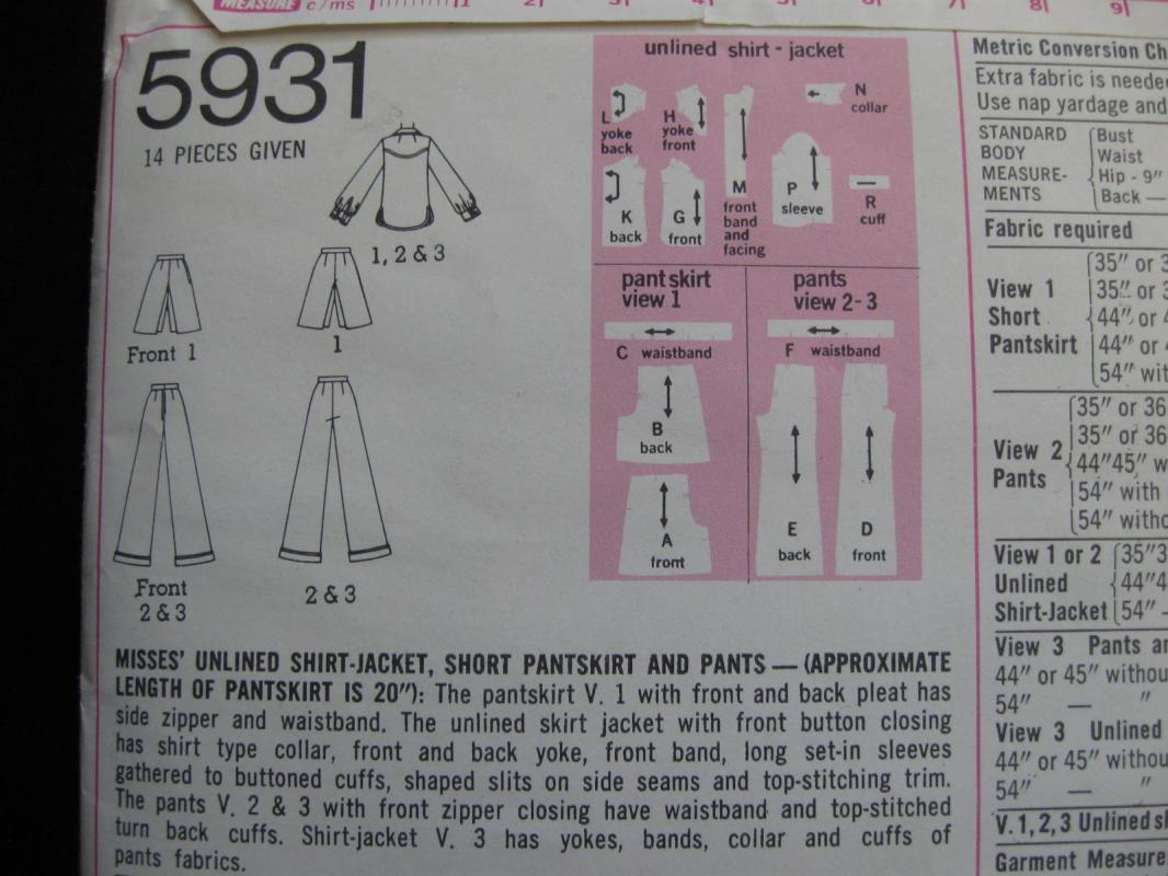 New Vintage Simplicity 5931 Misses Shirt Jaciket Short Pantskirt & Pants Sewing Pattern Misses'Size 10 1970's