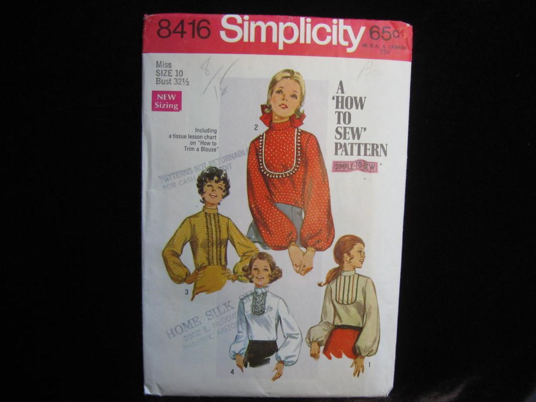 New Vintage Simplicity 8416 Misses Blouse Learn To Sew Sewing Pattern Size 10 1960's