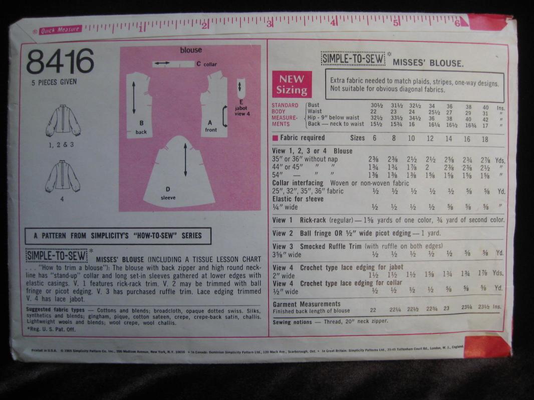 New Vintage Simplicity 8416 Misses Blouse Learn To Sew Sewing Pattern Size 10 1960's