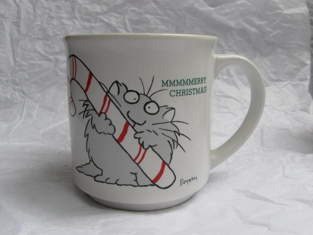 Vintage Grey Cat & Candy Cane MMMMMerry Merry Christmas Mug By Sandra Boynton