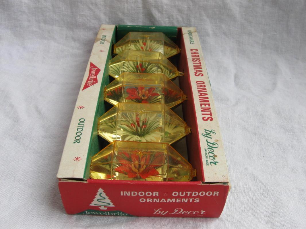 Vintage Christmas Jewelbrite Poinsettia Plastic Ornaments Diorama Hexagon In Original Box