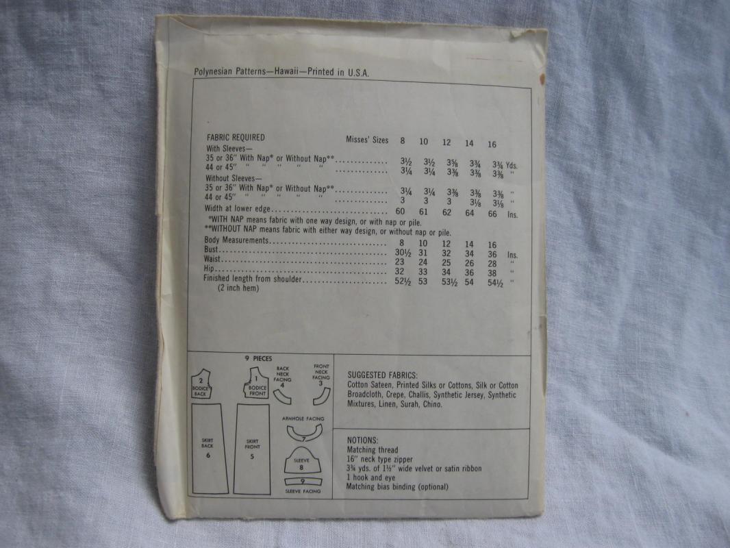 New Vintage 144 Nani Hawaiian Hawaii Polynesian Mumu Dress Sewing Pattern Size 12