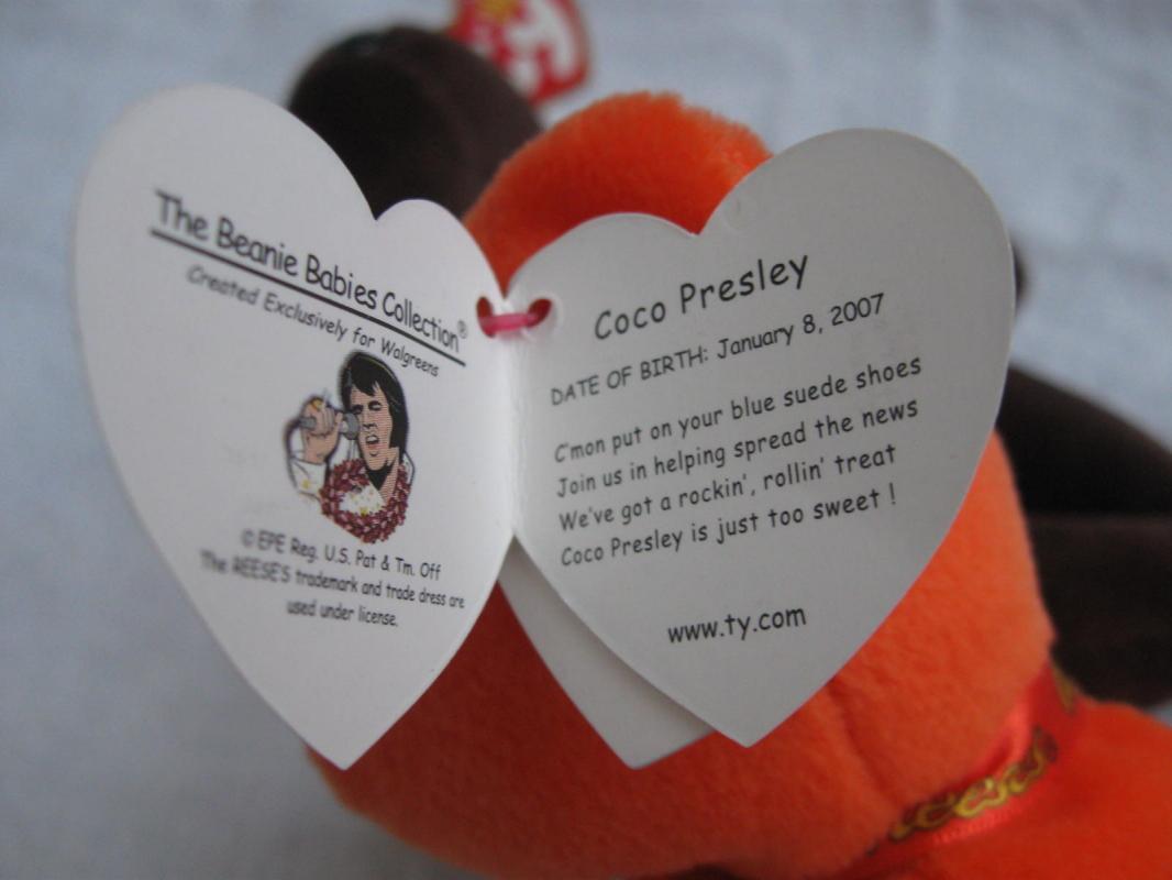 2 Ty Coco Presley Elvis Presley Orange & Brown Retired Beanie Baby Bear Reese's Candy