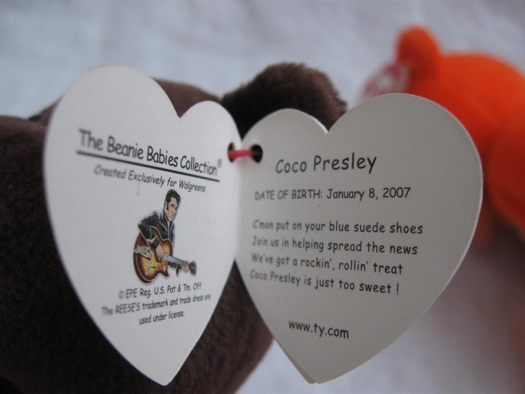 2 Ty Coco Presley Elvis Presley Orange & Brown Retired Beanie Baby Bear Reese's Candy