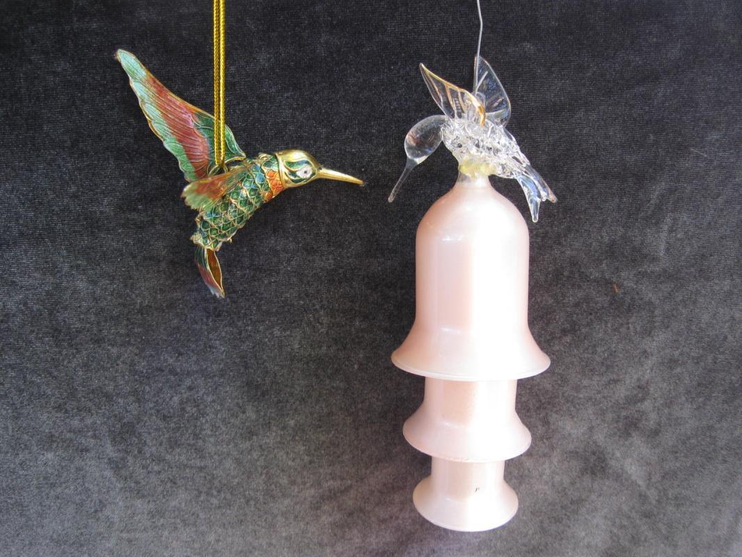 2 Humingbird Xmas Ornaments Glass Hand Blown With Bells & Metal Bird Moving Tail