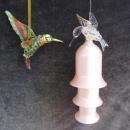 2 Humingbird Xmas Ornaments Glass Hand Blown With Bells & Metal Bird Moving Tail