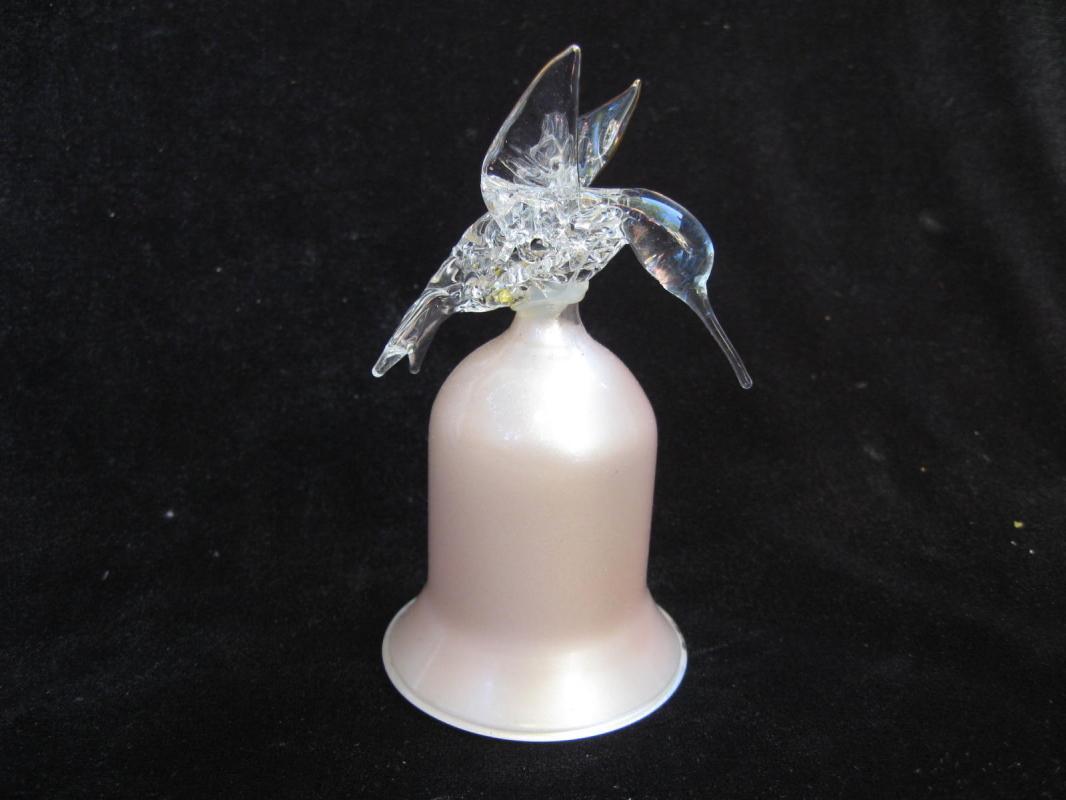 2 Humingbird Xmas Ornaments Glass Hand Blown With Bells & Metal Bird Moving Tail