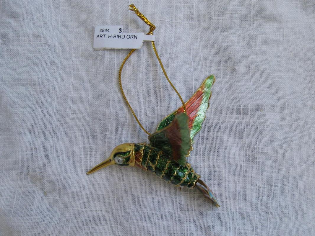 2 Humingbird Xmas Ornaments Glass Hand Blown With Bells & Metal Bird Moving Tail
