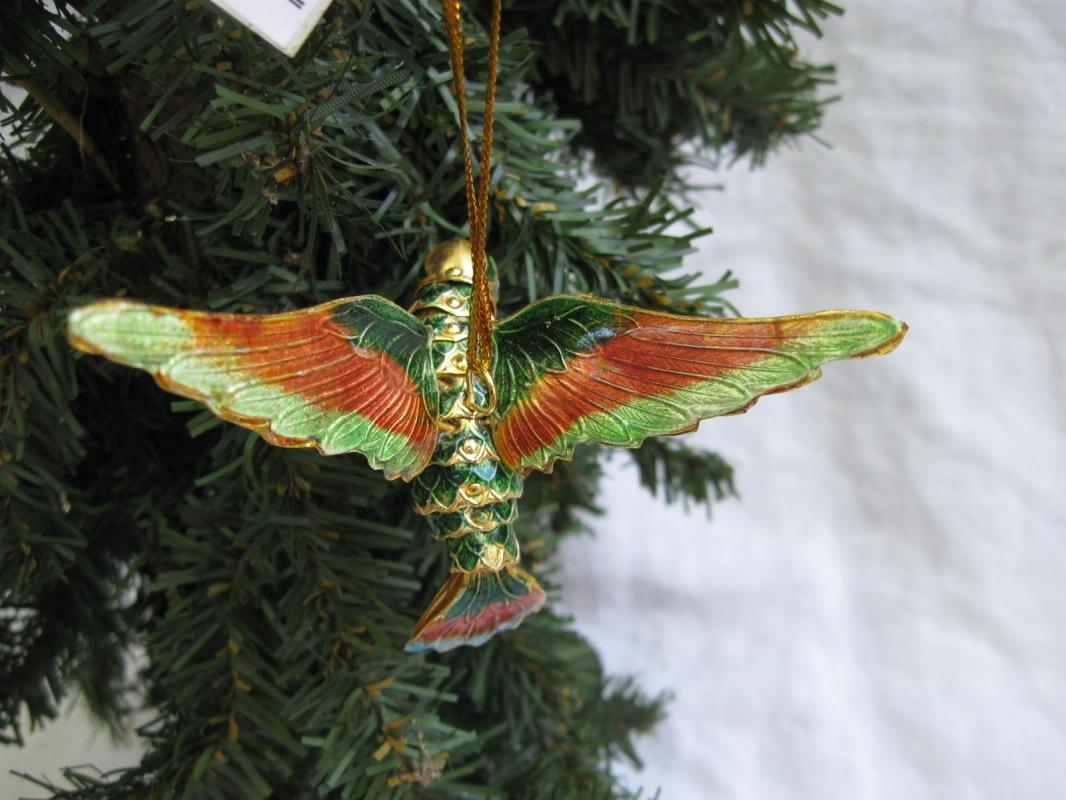 2 Humingbird Xmas Ornaments Glass Hand Blown With Bells & Metal Bird Moving Tail