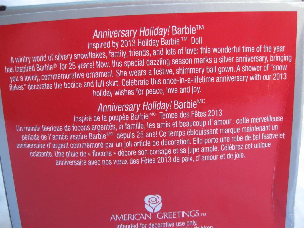 Carlton American Greetings Holiday Barbie 2013 25th Anniversary Ornament