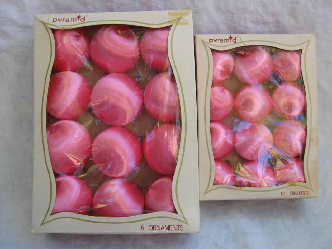 24 Vintage Pyramid Pink Satin Sheen Christmas Ornaments In Original Boxes 2 Sizes