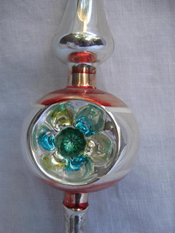 Vintage Mid Century Double Indent Glass Christmas Tree Topper Silver Pink & Blue