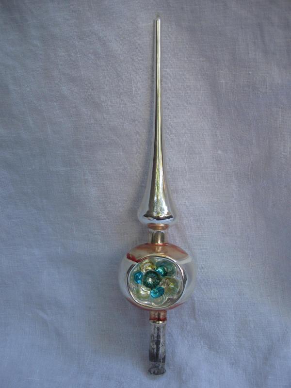 Vintage Mid Century Double Indent Glass Christmas Tree Topper Silver Pink & Blue