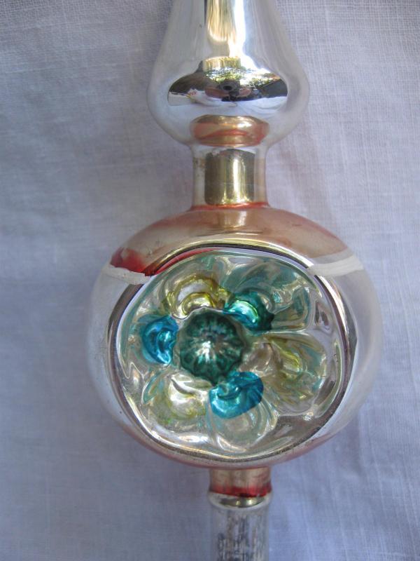 Vintage Mid Century Double Indent Glass Christmas Tree Topper Silver Pink & Blue
