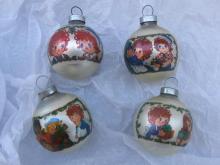 Four Vintage Raggedy Ann & Andy Glass Christmas Tree Ornaments 1970's
