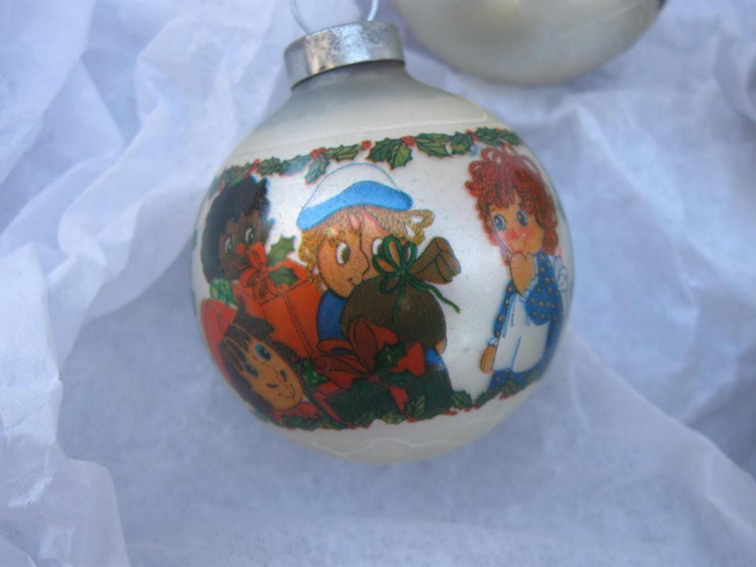 Four Vintage Raggedy Ann & Andy Glass Christmas Tree Ornaments 1970's
