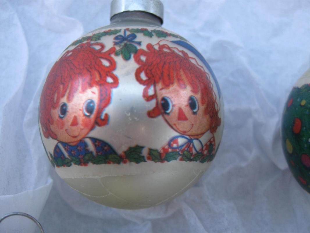 Four Vintage Raggedy Ann & Andy Glass Christmas Tree Ornaments 1970's