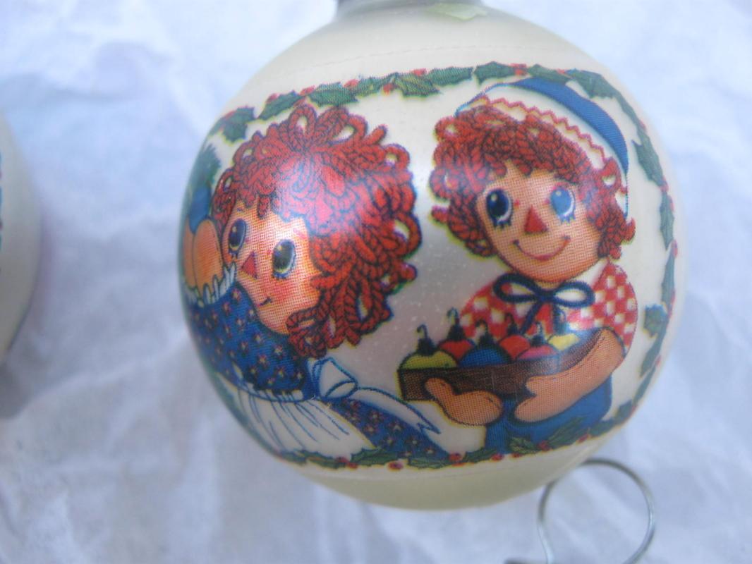 Four Vintage Raggedy Ann & Andy Glass Christmas Tree Ornaments 1970's