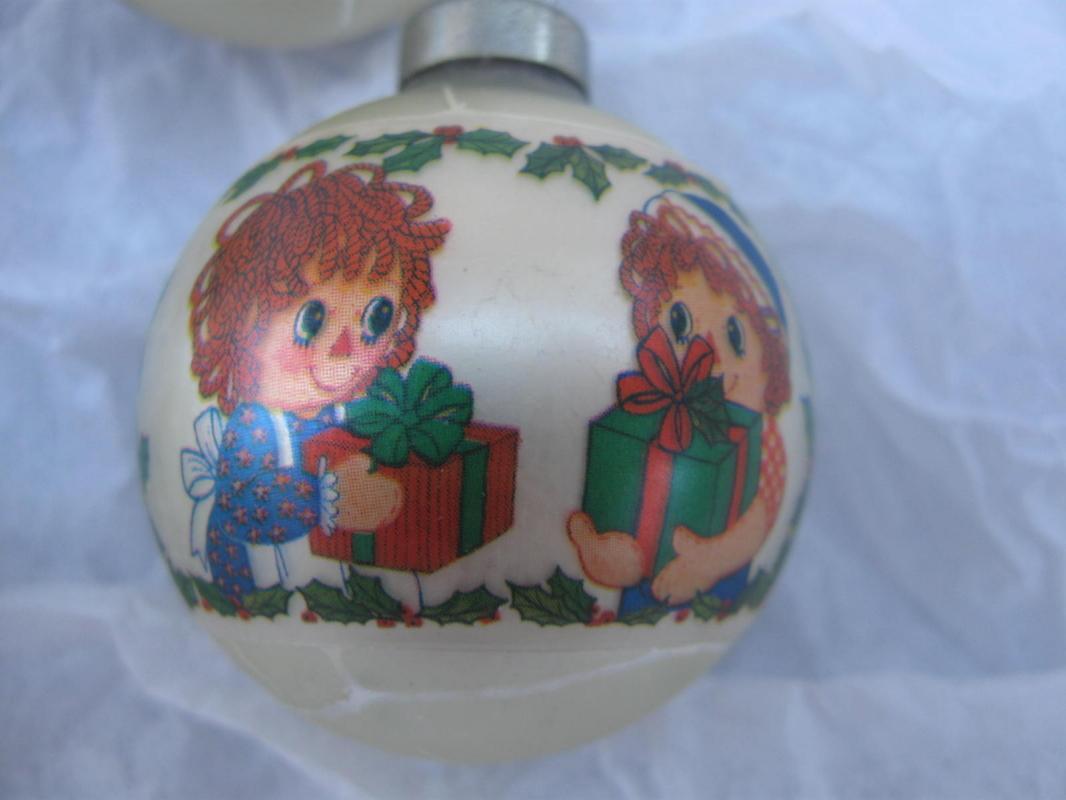 Four Vintage Raggedy Ann & Andy Glass Christmas Tree Ornaments 1970's