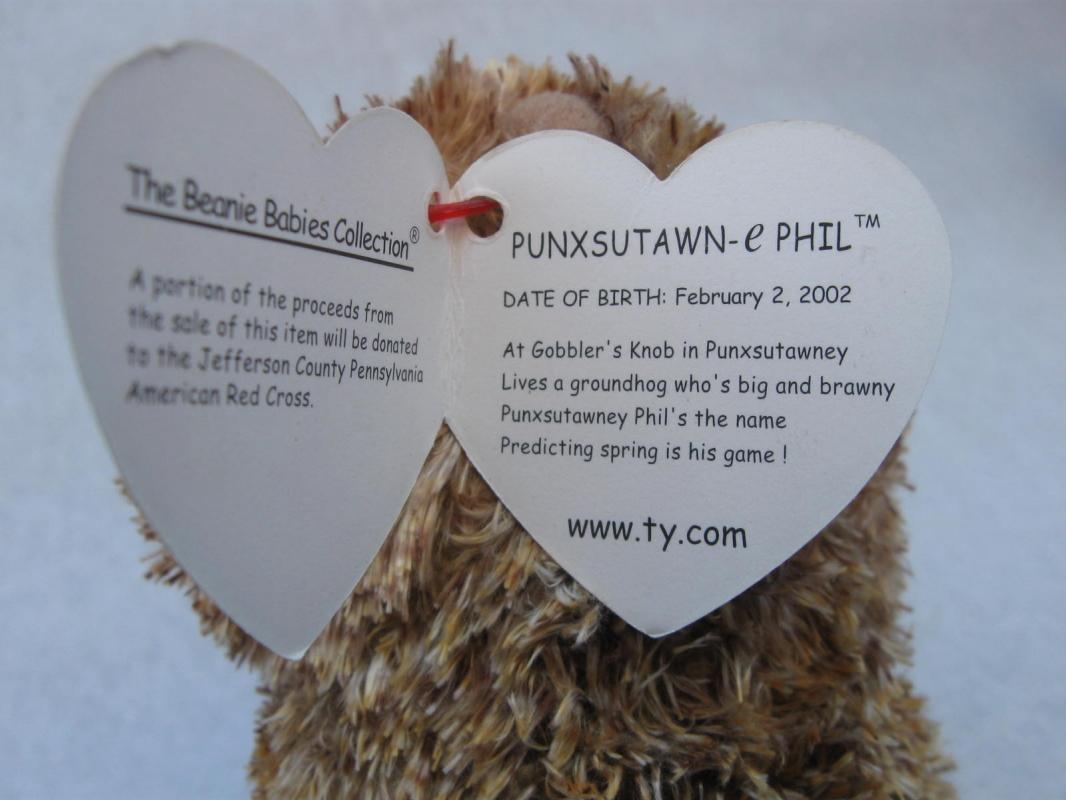 Ty Punxsutawn-e Punxsutawney Phil Groundhog 1st Beanie Baby 2002 2003 New