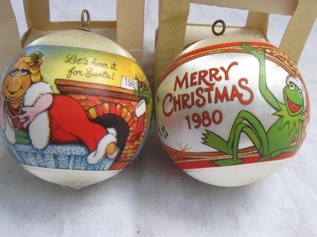 Hallmark 1980 & 1981 Miss Piggy & Kermit Christmas Tree Satin Ornaments