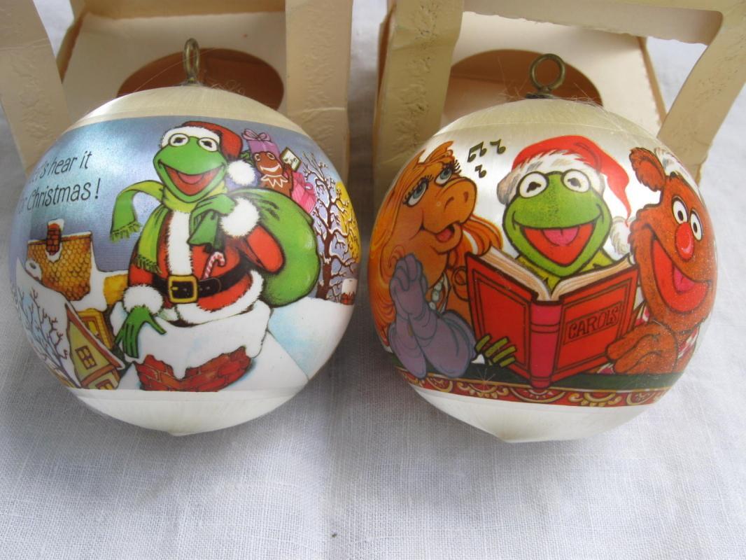 Hallmark 1980 & 1981 Miss Piggy & Kermit Christmas Tree Satin Ornaments