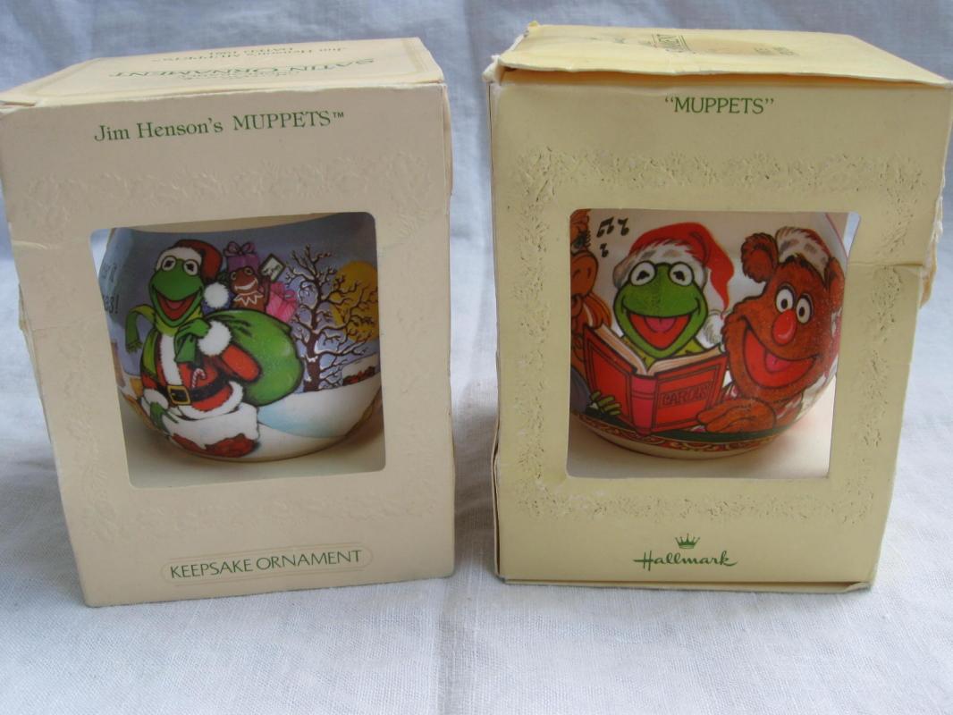 Hallmark 1980 & 1981 Miss Piggy & Kermit Christmas Tree Satin Ornaments