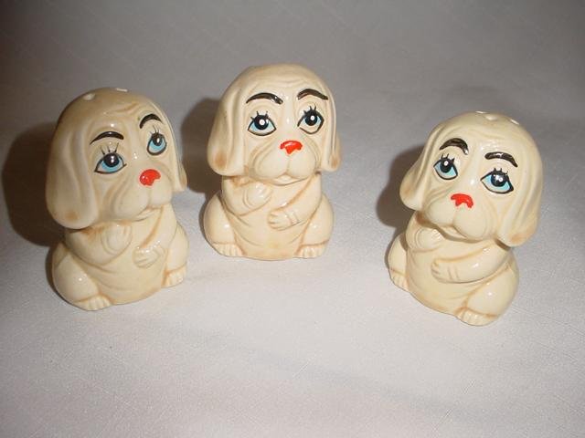 Vintage Anthropomorphic Sad Dog or Puppy Salt & Pepper Shakers + Toothpick Holder 3 Piece Set