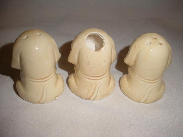 Vintage Anthropomorphic Sad Dog or Puppy Salt & Pepper Shakers + Toothpick Holder 3 Piece Set