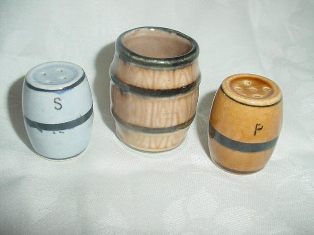 Japan Barrel Salt & Pepper Shakers with Toothpick Holder 3 Piece Set