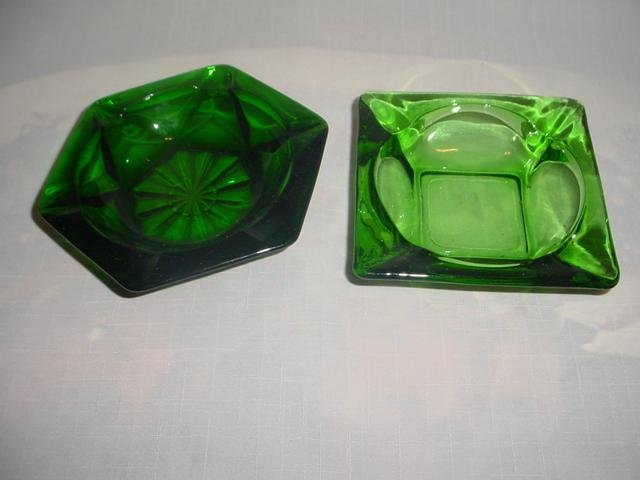 2 Forest Green Ashtrays -1 marked Fire King Anchor Hocking