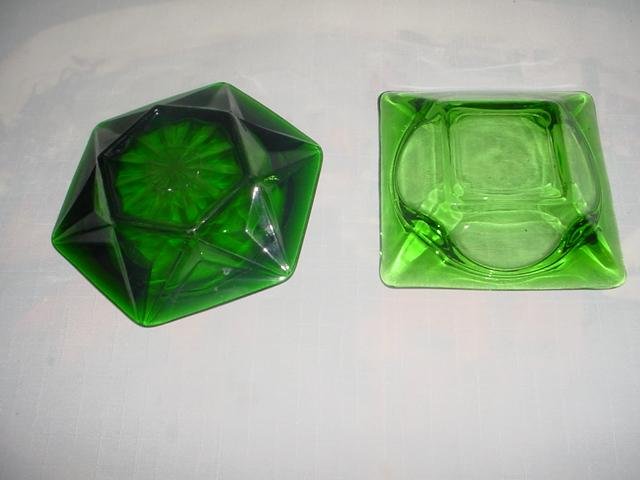 2 Forest Green Ashtrays -1 marked Fire King Anchor Hocking