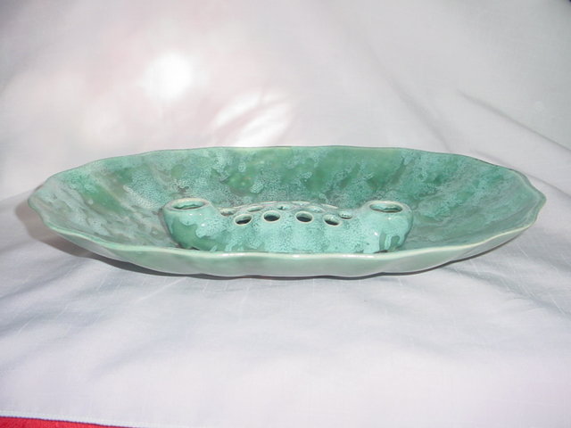 Large Blue Green Jardiniere Flower Frog Vase