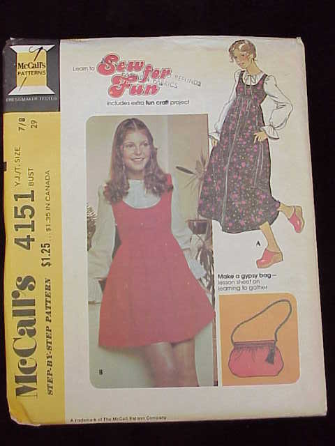 New Vintage 1970's McCall's 4151 Yount Junior / Teen Jumper & Gypsy Purse Size 7/8 Sewing Pattern