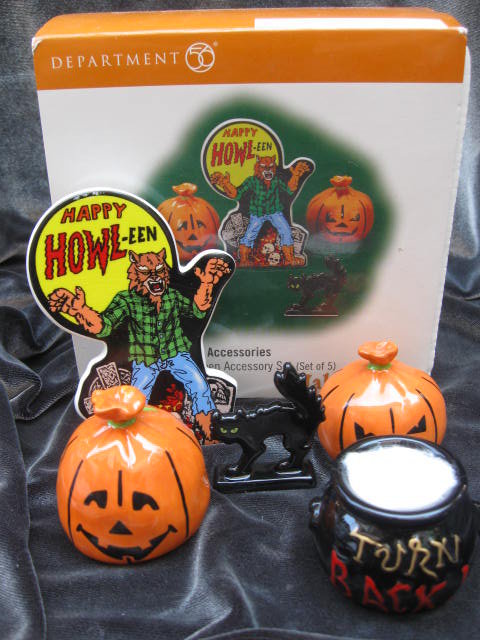 Dept. Department 56 Village HALLOWEEN ACCESSORY SET of 5 Werewolf, Black Cat 2 JOL Cauldron Retired