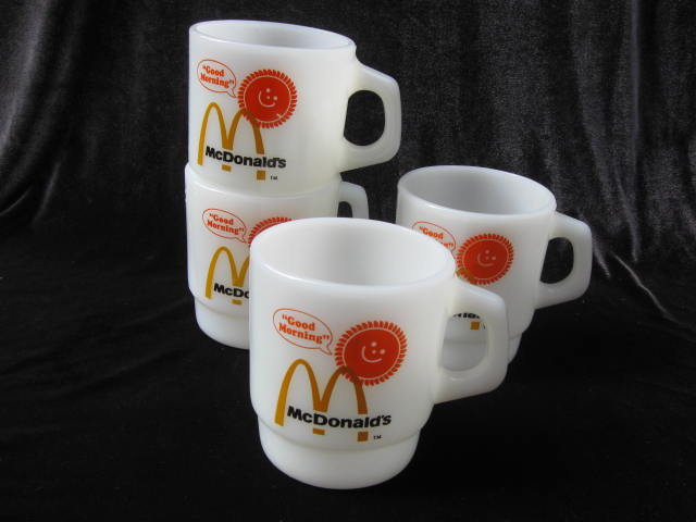 Set Of Four (4) Vintage Fire King Anchor Hocking McDonalds McDonald's Good Morning Stackable Milk Glass Mugs