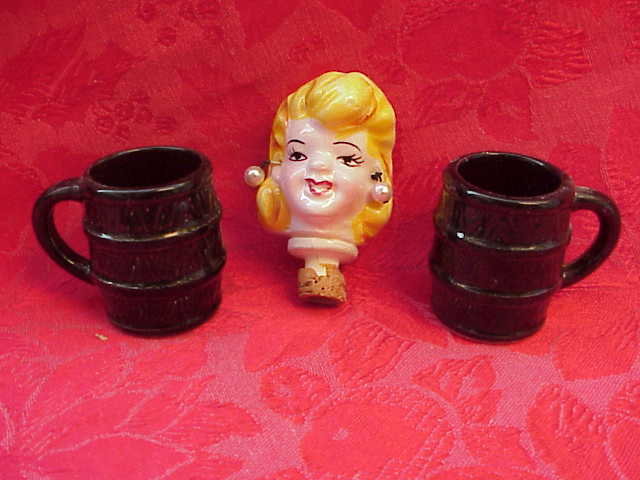 Vintage Glamor Pin Up Style Girl Bottle Stopper & Shot Glasses